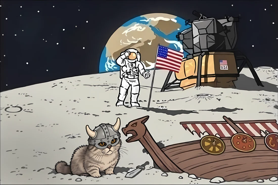 Comic: an Apollo astronaut on the moon meets a Viking cat standing next to his longship
