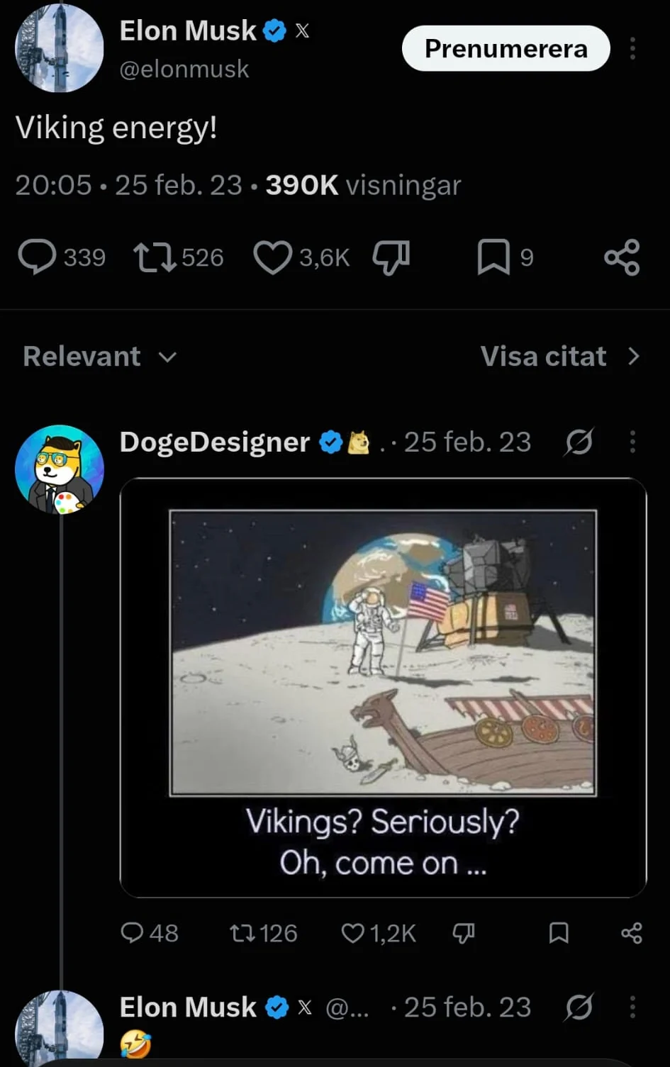 Screenshot of the thread from 25 Feb 2023: Elon Musk posts “Viking energy!”, DogeDesigner replies with the Vikings-on-the-moon meme, Elon answers with a laughing emoji