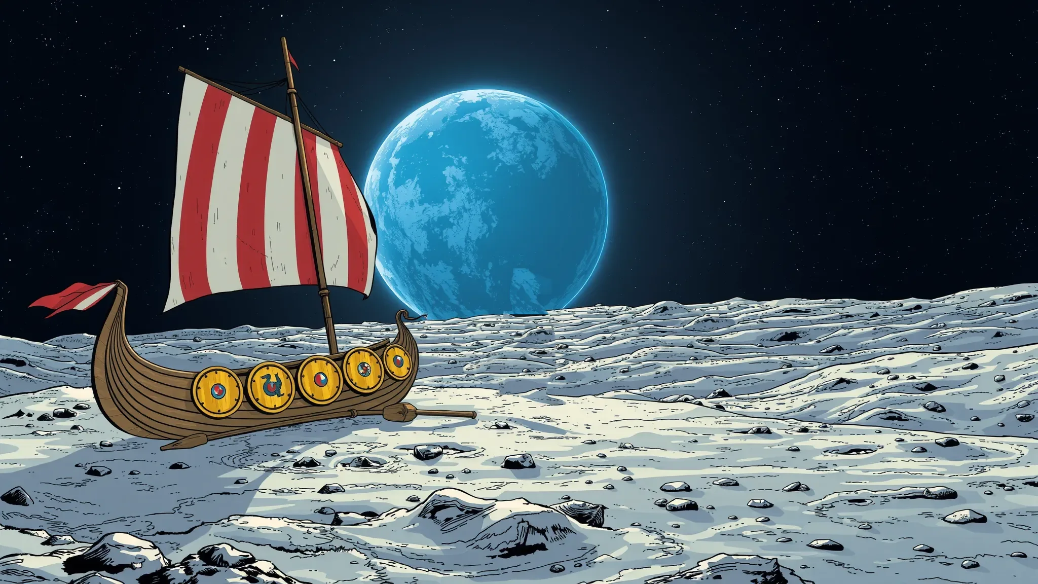 A Viking longship with a red-and-white striped sail parked on the moon, Earth hanging in the sky behind it